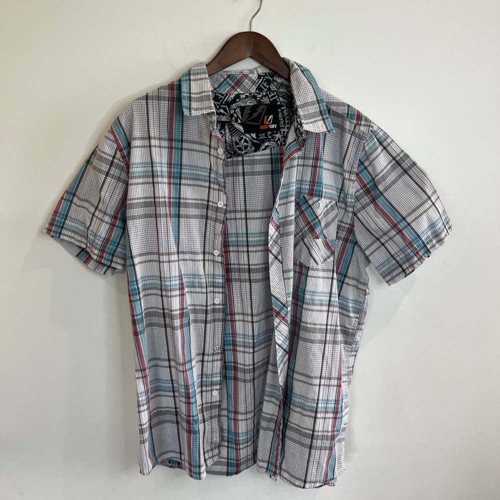 Amplify Mens XL Plaid Button Down Shirt Short Sleeve White Blue Red Casual - 133
